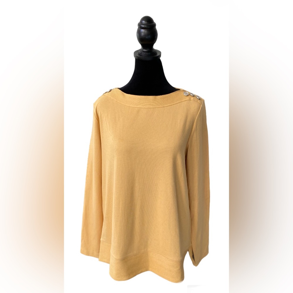 Preswick & Moore: Mustard Yellow Sweater Blouse with Buttons across Shoulders